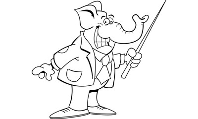 Black and white illustration of an elephant in a suit holding a pointer.