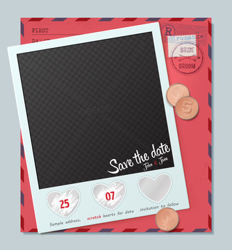 Creative Invitation on wedding. Template from scratch off element in the shape of a heart. Save the date card. Wedding Invitation Card
