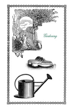 Vintage Frame About Gardening, Tools, Watering Can And Garden Clogs