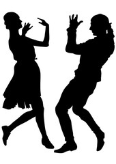 Dancers in theatrical costume on a white background