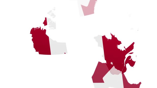 shapes of states flying in to create a full map of Canada with flag
