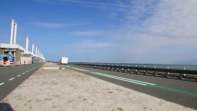 The N57 road on the Eastern Scheldt storm surge barrier (Oosterscheldekering) between the islands Schouwen-Duiveland and Noord-Beveland in the province of Zeeland, Netherlands.