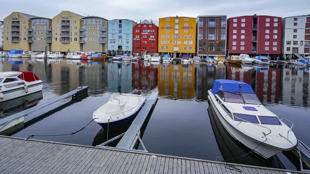 Exterior of the historical wooden buildings in the historical part of the city in Trondheim, Norway