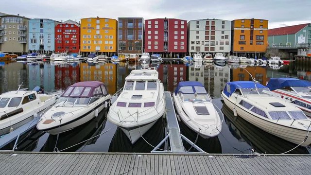 Exterior of the historical wooden buildings in the historical part of the city in Trondheim, Norway