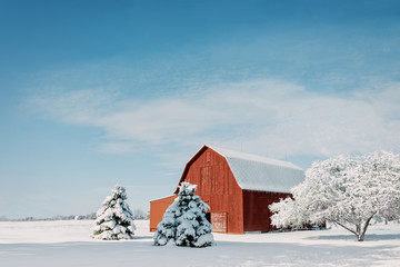 Red Barn With Snow - obrazy, fototapety, plakaty
