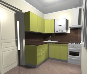 kitchen green small interior 3D render