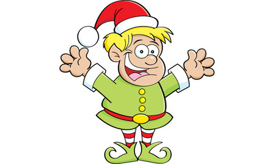 Cartoon illustration of an elf waving his arms.