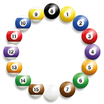 Billiard balls - round frame formed by the set of sixteen balls. Three-dimensional and realistic looking, isolated vector illustration on white background.