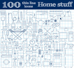 Home stuff icons. Set of 100 thin line objects in blue colors on notebook.