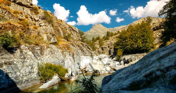 4K, Time Lapse, View on a gorge, Restonica Valley, Corsica