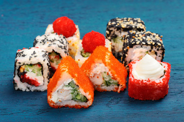 Set of various japanese fusion rolls closeup