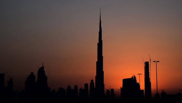 Business Bay and Burj Khalifa area in sunset, Dubai, United Arab Emirates