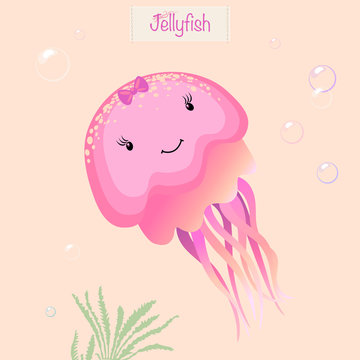 Cute smiling jellyfish. Print for children's wear, greeting cards, menu, wallpaper, decoration. Vector Illustration