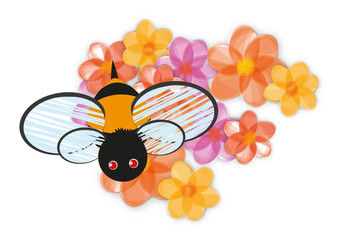 A cute bee is flying above colored flowers on a white background.