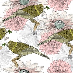 Vector sketch of a bird with flower. Seamless pattern