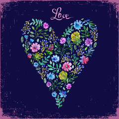 Vector illustration of watercolor floral heart and text love. Colorful floral heart on dark backdrop. Love or spring card.