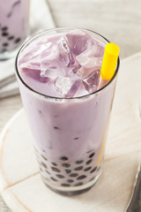Homemade Taro Milk Bubble Tea with Tapioca