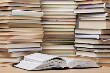 Book on table and gray background and copy space