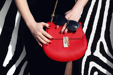 fashionable woman hold red handbag sunglasses