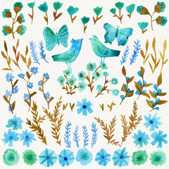 Watercolor vector set with leaves, flowers, birds and butterflys.