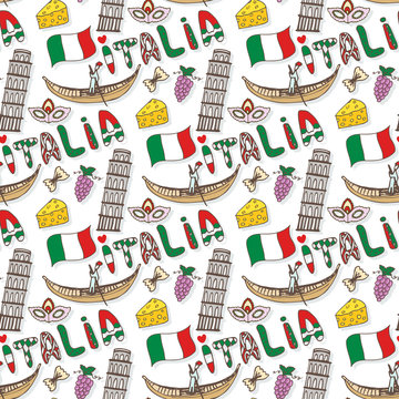Italy seamless pattern with flag and culture elements. Vector doodle travel background. Handwriting Italia lettering in italian language - Italy