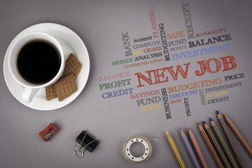 Gray office desk with the inscription - NEW JOB word cloud, busi