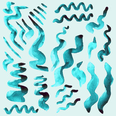 Blue watercolor brush vector strokes.