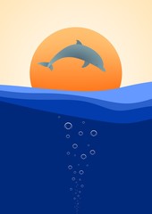 Fototapeta premium Summer landscape with the jumping dolphin over a blue surface of the sea with waves at sunset with orange sun and the air bubbles in water