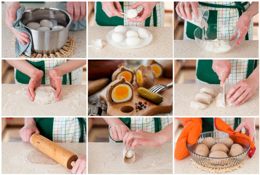 A Step by Step Collage of Making Rye Dough Wrapped Eggs