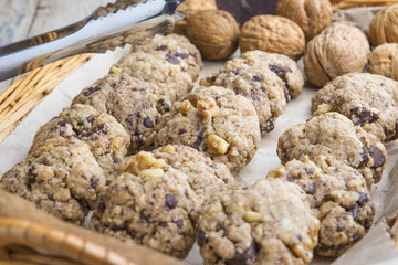 homemade chocolate walnut cookies with ingredients and kitchen u