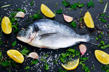 Fresh Raw Sea Bream Fish on blue stone background.