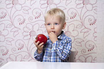Fototapeta na wymiar Cute little boy eating red apple