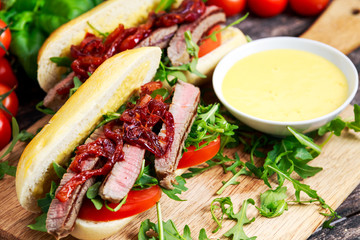 Perfect steak sandwich with home mayones and chips