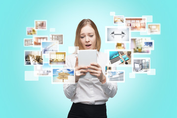 Suprised female site surfing tablet