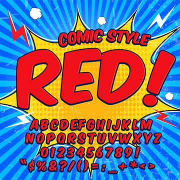 Alphabet collection set. Comic pop art style. Light red and blue color version.