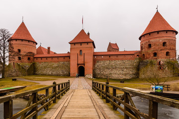 Fototapeta na wymiar Trakai Castle in winter - Island castle in Trakai is one of the most popular tourist destinations in Lithuania, houses a museum and a cultural centre.