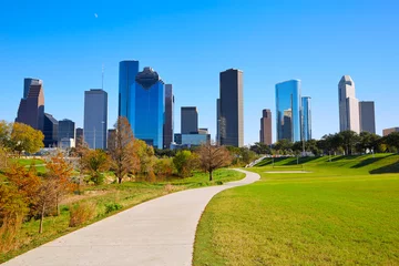Fotobehang De horizon van Houston in zonnige dag van parkgras © lunamarina