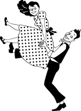 EPS 8 vector silhouette of a young couple dressed in vintage fashion performing a rock and roll lift, no white objects