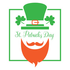 St. Patrick's Day leprechaun with a symbolic green hat and bushy red beard and green clover vector background. Irish holiday celebration