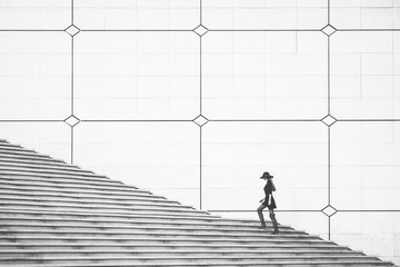 A woman walking up the stairs. - obrazy, fototapety, plakaty
