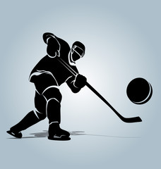Vector silhouette of a hockey player with puck - obrazy, fototapety, plakaty