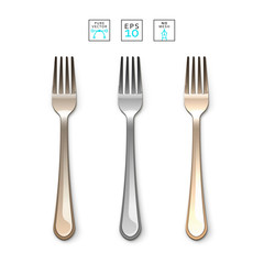 Cutlery Fork realistic. Fork, isolated on white. Set realistic forks. Fork to create a design. Gold and bronze , silver forks. Bright set of forks. Cutlery items realistic. Cutlery object realistic