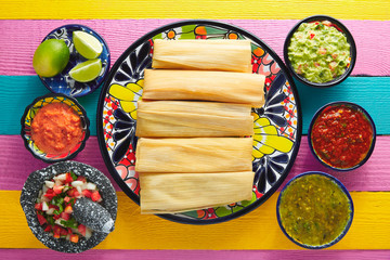 Tamale with corn leaf and sauces guacamole