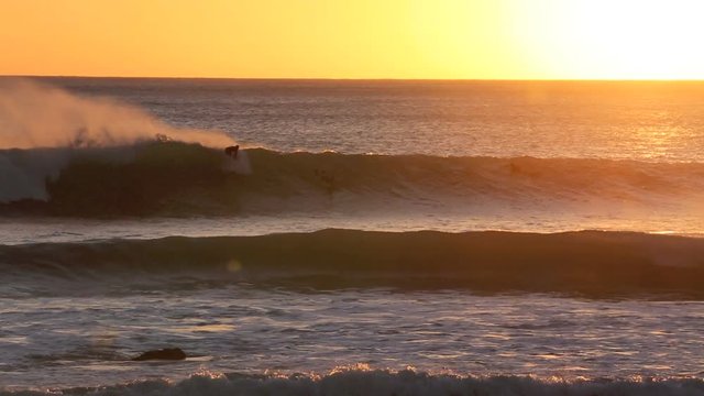 Surfing waves at sunset in the Wairarapa, New Zealand 