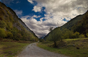mountains valley in summer afternoon with gentle clouds
