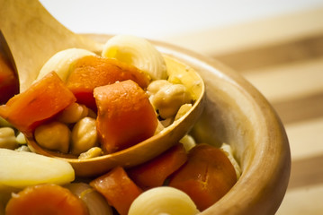 Vegetable soup with pasta, carrots and chickpeas