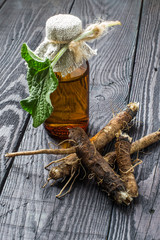 The roots and leaves of burdock, burdock oil in bottle