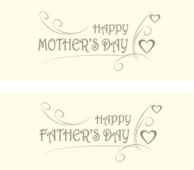 Typography banners Happy Mother' day, Happy Father's day. Grey letters on light pink background, decorated, hearts, vector