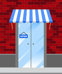 Vector shop or market illustration background. Entrance door, shop-window