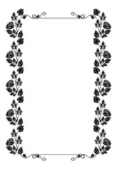 Vintage vertical floral frame with roses silhouette. Black and white vector design element for advertisements, flyer, web, wedding and other invitations or greeting cards.